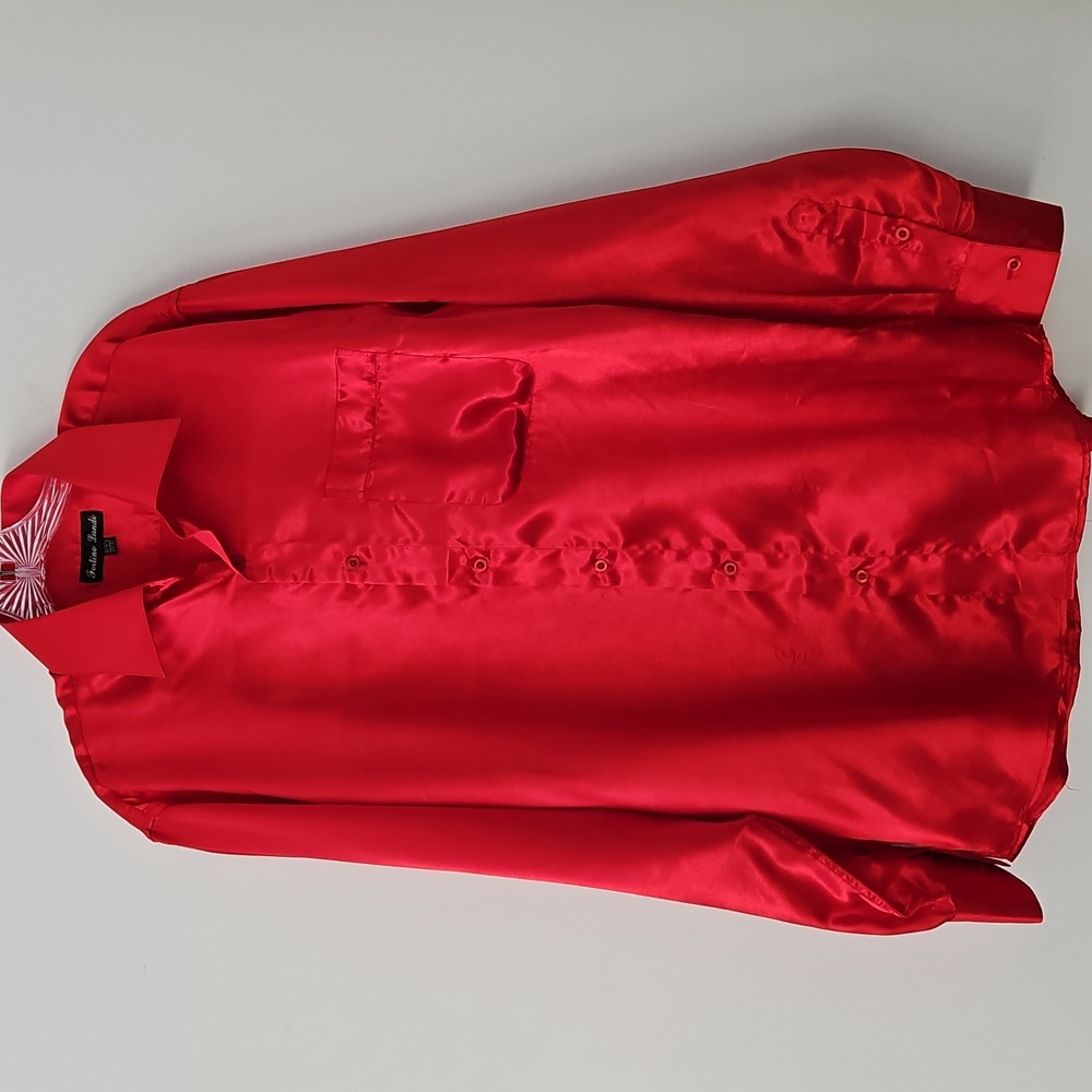 Red‎ satin button-front shirt